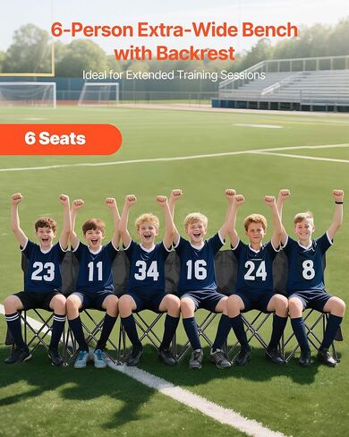 VEVOR Portable Folding Bench, 6 Seat Soccer Bench with Multiple Storage Pockets & Carrying Bag, Lightweight Sideline Seating with Back Rest for Football, Baseball, Camping, Outdoor Events, Black in Saudi Arabia