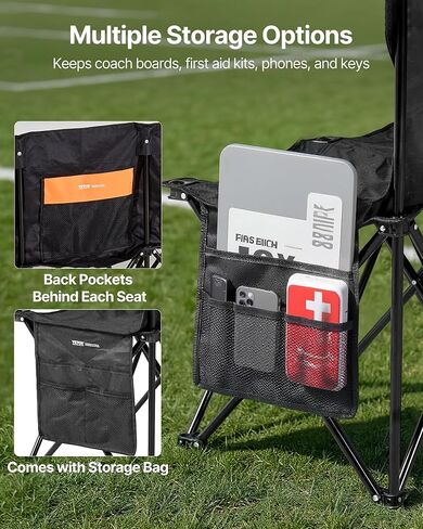 VEVOR Portable Folding Bench, 6 Seat Soccer Bench with Multiple Storage Pockets & Carrying Bag, Lightweight Sideline Seating with Back Rest for Football, Baseball, Camping, Outdoor Events, Black in Saudi Arabia