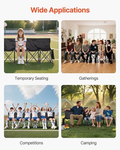 VEVOR Portable Folding Bench, 6 Seat Soccer Bench with Multiple Storage Pockets & Carrying Bag, Lightweight Sideline Seating with Back Rest for Football, Baseball, Camping, Outdoor Events, Black in Saudi Arabia
