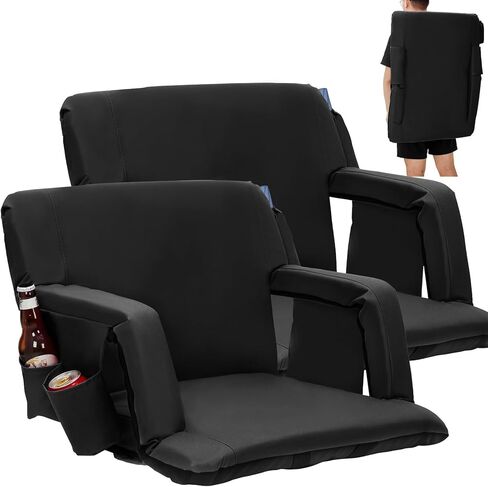 طقم من قطعتين من مقاعد الملعب مقاس 20 بوصة، كرسي تبييض عريض مع دعم خلفي قابل للتعديل ووسادة سميكة، ومساند للذراعين، وجيوب جانبية، وخطاف تبييض، سهل التخزين والحمل، أسود in Kuwait