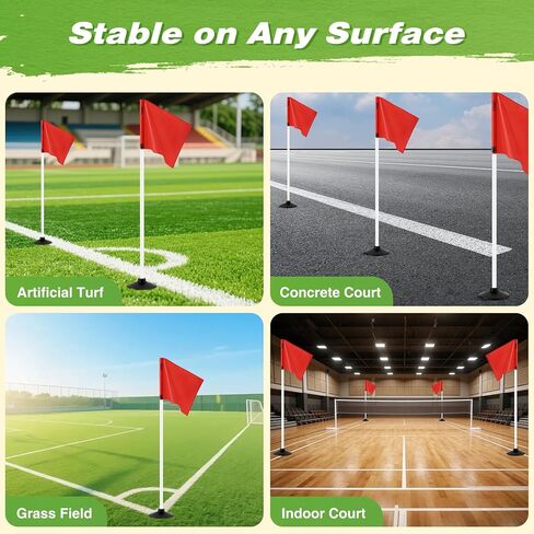أعلام زوايا كرة القدم مع قاعدة مطاطية بوزن 2.7 رطل، 4 أعلام زوايا لملعب كرة القدم مع ارتفاع قابل للتعديل للعشب والعشب والخرسانة والملعب الداخلي، تتضمن حقيبة حمل in Kuwait