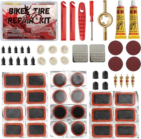 طقم إصلاح إطارات الدراجة 60 صورة، طقم تصحيح الأنبوب الداخلي للدراجة مع رقع وأذرع الإطارات، مسمار مطاطي لإصلاح الإطارات بدون أنبوب مع صندوق ومفك براغي، طقم مريح للدراجة الجبلية أو الطريق، دراجة نارية in Kuwait