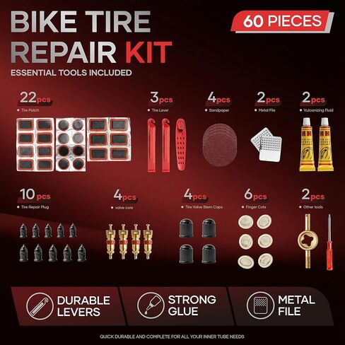 طقم إصلاح إطارات الدراجة 60 صورة، طقم تصحيح الأنبوب الداخلي للدراجة مع رقع وأذرع الإطارات، مسمار مطاطي لإصلاح الإطارات بدون أنبوب مع صندوق ومفك براغي، طقم مريح للدراجة الجبلية أو الطريق، دراجة نارية in Kuwait