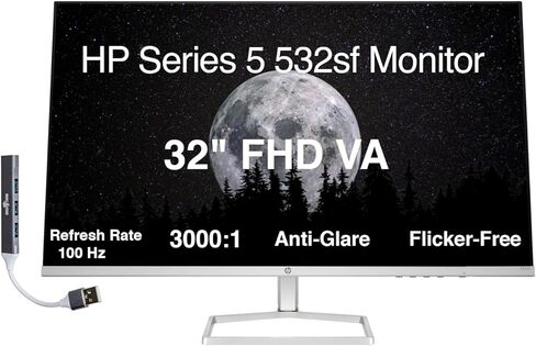 HP Series 5 532SF Monitor 94F50AA#ABA BUNDLE W/DOCZTORM DOCK ، 32 "FHD VA (1920x1080) عرض ، معدل تحديث 100 هرتز ، مضاد للوهج ، خالي من وميض ، مثالي للمنزل والأعمال ، الأسود (2025 نموذجًا آخر) in Kuwait