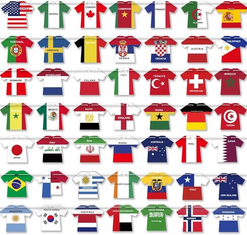 2026 World Cup Soccer Jersey Flag Bunting Banner 50 Pcs International Country String Flags Garland Merchandise for Sports Themed Parties, Olympic, Events, and Outdoor Celebrations Soccer Decorations for Fans in Saudi Arabia
