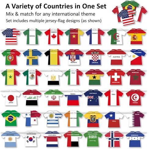 2026 World Cup Soccer Jersey Flag Bunting Banner 50 Pcs International Country String Flags Garland Merchandise for Sports Themed Parties, Olympic, Events, and Outdoor Celebrations Soccer Decorations for Fans in Saudi Arabia