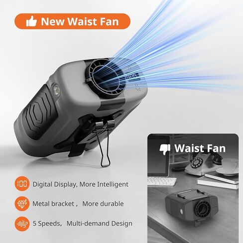 Portable Waist Fan 10000mAh Portable Waist Fan 18000RPM Neck Fan With Max 12H Working Time 5 Speeds adjustment with LED flashlight and Charging display Cooling for Outdoor Jobsite and etc in Saudi Arabia