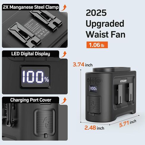 14500mAh Portable Waist Fan Clip On Belt- Rechargeable Battery Operated,Max 40H Cooling,5 Speed 14600RPM,Dual Air Vent, Hands-free Shirt Neck Fan With Light for Outdoor Jobsite Camping Traveling in Kuwait