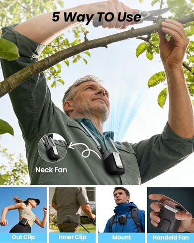 مروحة SWEETFULL المحمولة القابلة لإعادة الشحن - مراوح شخصية صغيرة بدون استخدام اليدين 5 أونصة لخصر الرقبة، تدفق هواء تربو 100 سرعة، مشبك قابل للارتداء على مروحة حزام القميص للجسم مع ضوء LED، السفر والعمل في الهواء الطلق (أسود) in Kuwait