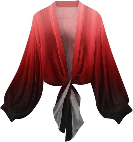 Womens Sheer Cardigan Tie Front Long Sleeve Shirts Cropped Bolero Shrug Summer Tops for Women Chiffon Blouse in Kuwait