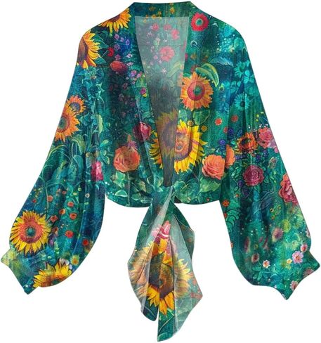 Womens Sheer Cardigan Tie Front Long Sleeve Shirts Cropped Bolero Shrug Summer Tops for Women Chiffon Blouse in Saudi Arabia