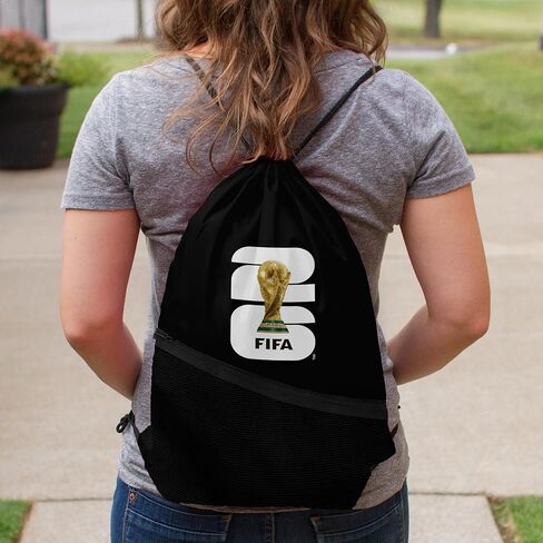 Black FIFA World Cup 2026 Drawstring Backsack – Lightweight Backpack with Zippered Front Pocket and Official Logo – Great for Travel or Everyday Use in Saudi Arabia