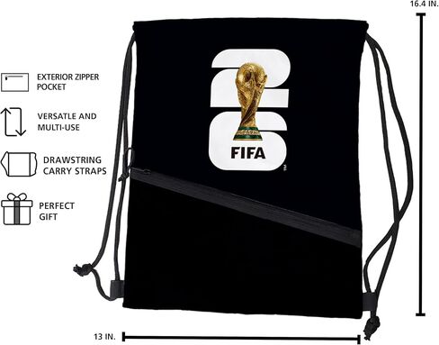 Black FIFA World Cup 2026 Drawstring Backsack – Lightweight Backpack with Zippered Front Pocket and Official Logo – Great for Travel or Everyday Use in Saudi Arabia