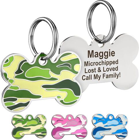 علامة GoTags Camo Bone المصنوعة من الفولاذ المقاوم للصدأ للحيوانات الأليفة للكلاب والقطط، مخصصة مع 4 أسطر من اسم ورقم الهوية المحفورة المخصصة، في 3 أنماط مموهة كلاسيكية متعددة الألوان (وردي، حزمة كبيرة من 1) in Kuwait