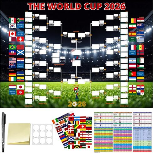 2026 World Cup Schedule Poster - 33.5x23.6 Inch Includes A3 Schedule & 64 Team Flag Stickers Large Soccer Schedule World Cup 2026 Merchandise Wall Chart for Game-day Planning Track Matches in Saudi Arabia