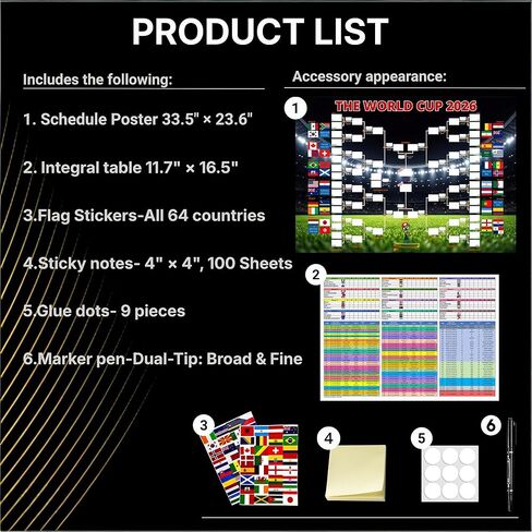 2026 World Cup Schedule Poster - 33.5x23.6 Inch Includes A3 Schedule & 64 Team Flag Stickers Large Soccer Schedule World Cup 2026 Merchandise Wall Chart for Game-day Planning Track Matches in Saudi Arabia
