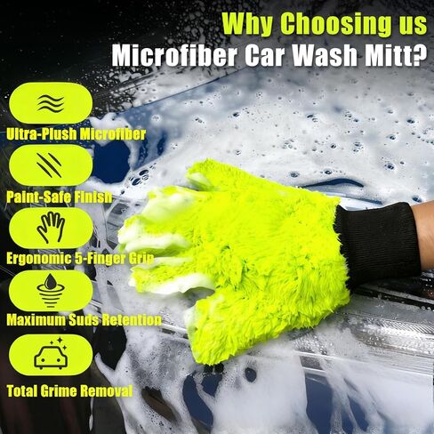 عبوة من قطعتين من قفازات غسيل السيارات - قفاز يدوي من الألياف الدقيقة لغسيل السيارات من XINDELL بالأصابع، حجم كبير جدًا لتنظيف الجزء الخارجي للسيارة، قفازات غسيل الدراجات النارية خالية من الخدوش والوبر in Kuwait