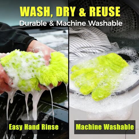 عبوة من قطعتين من قفازات غسيل السيارات - قفاز يدوي من الألياف الدقيقة لغسيل السيارات من XINDELL بالأصابع، حجم كبير جدًا لتنظيف الجزء الخارجي للسيارة، قفازات غسيل الدراجات النارية خالية من الخدوش والوبر in Kuwait