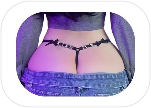 Sexy Rhinestone Letters Thong Panties Jewelry Summer Beach Crystal Chain Thong Adjustable Bikini Thong Festival Rave G String Waist Body Jewelry for Women in Kuwait