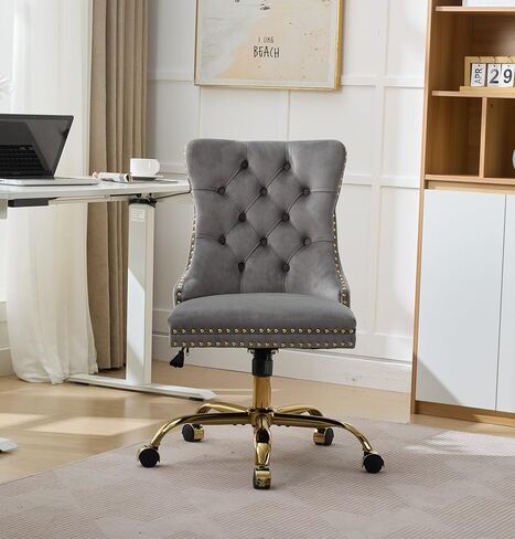 Furniture Office Chair,Modern Velvet Upholstered Tufted Button Home Office Chair with Golden Metal Base,Adjustable Desk Chair Swivel Office Chair (Black) in Saudi Arabia