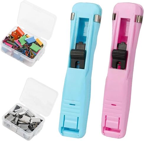 Portable Binder Clip Stapler with 100 Reusable Clips, Stapler Without Staples, Handheld Push Clip Paper Fastener for Documents, Office School Desk File Organization (2pcs-b) in Saudi Arabia