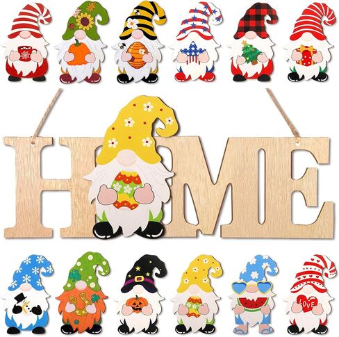 Yookeer Interchangeable Gnomes Home Sign Wood Valentines Day Door Sign Seasonal Gnomes St Patrick's Day Home Decor Rustic Easter Gnome Porch Sign with 12 Pieces Changeable Gnomes(Wood Color) in Saudi Arabia