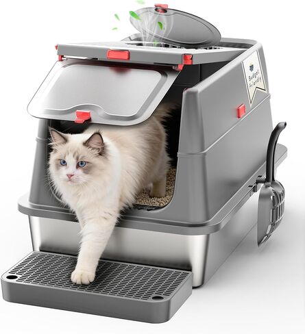 صندوق القمامة القطط من الفولاذ المقاوم للصدأ: صناديق فضلات القط مغلق مع غطاء - صندوق مصفّف كبير من الكتاب المعدني مع صينية مقلاة عالية الجوانب للقطط الكبيرة المضادة للتسرب in Kuwait