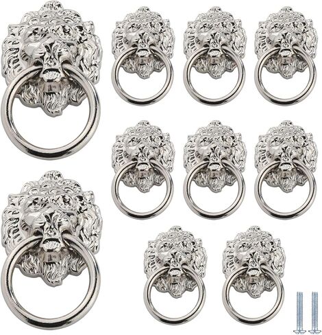 Knobs for Chest of Drawers 10 Pcs Vintage Drop Ring Drawer Pull Knob Antique Red Copper Lion Head Shape Dressing Table Handle Suitable for Cabinet Wardrobe Door Bathroom Furniture Hardware(Silver) in Saudi Arabia