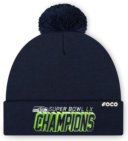 FOCO Seattle Seahawks NFL Super Bowl LX Champions Basic Primary Logo Pom Beanie in Saudi Arabia
