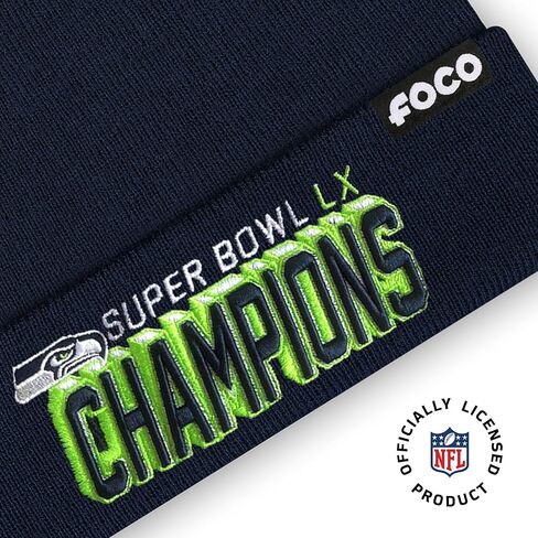 FOCO Seattle Seahawks NFL Super Bowl LX Champions Basic Primary Logo Pom Beanie in Saudi Arabia