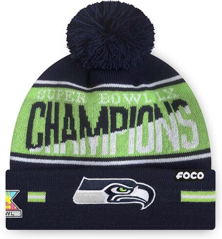 قبعة فوكو سياتل سي هوكس NFL Super Bowl LX Champions Big Wordmark Stripe Pom Beanie in Saudi Arabia