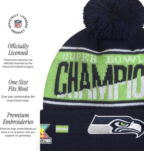 قبعة فوكو سياتل سي هوكس NFL Super Bowl LX Champions Big Wordmark Stripe Pom Beanie in Saudi Arabia