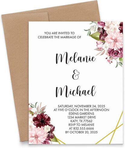 Personalized Floral Wedding Invites, Elegant Wedding Invitations with Florals, Modern Wedding Invitation with Envelopes, Pink Floral Marriage Invite, Your choice of Quantity and Envelope Color in Kuwait