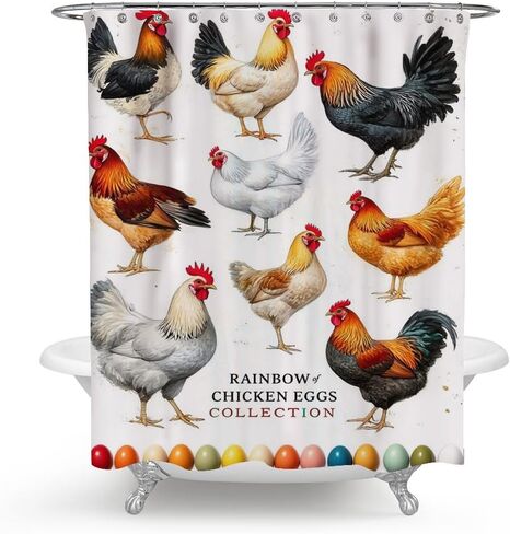 mugod الدجاج سلالة جمع ستائر الدش مرسومة باليد المائية مزرعة الدجاجة الديك ديكور الحمام للماء النسيج دش الستار مع 12 السنانير 60 × 72 بوصة in Kuwait