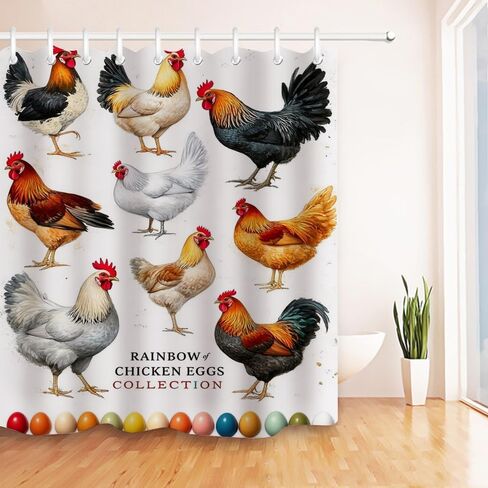 mugod الدجاج سلالة جمع ستائر الدش مرسومة باليد المائية مزرعة الدجاجة الديك ديكور الحمام للماء النسيج دش الستار مع 12 السنانير 60 × 72 بوصة in Kuwait