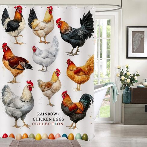 mugod الدجاج سلالة جمع ستائر الدش مرسومة باليد المائية مزرعة الدجاجة الديك ديكور الحمام للماء النسيج دش الستار مع 12 السنانير 60 × 72 بوصة in Kuwait