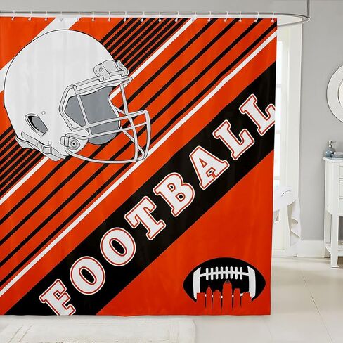 Football Sports Decor Shower Curtain, American Football City Bathroom Shower Curtain Set Orange and Black Football Team Fabric Shower Curtain Graffiti 3D Helmet Bath Curtain 72"Wx84"L (Cincinnati) in Saudi Arabia