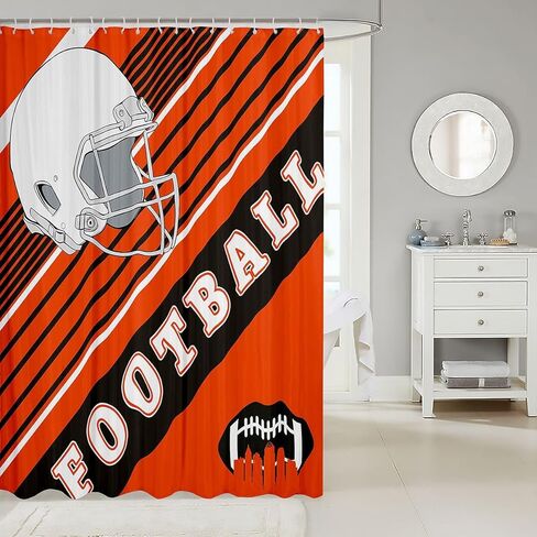 Football Sports Decor Shower Curtain, American Football City Bathroom Shower Curtain Set Orange and Black Football Team Fabric Shower Curtain Graffiti 3D Helmet Bath Curtain 72"Wx84"L (Cincinnati) in Saudi Arabia