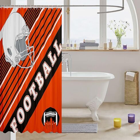 Football Sports Decor Shower Curtain, American Football City Bathroom Shower Curtain Set Orange and Black Football Team Fabric Shower Curtain Graffiti 3D Helmet Bath Curtain 72"Wx84"L (Cincinnati) in Saudi Arabia