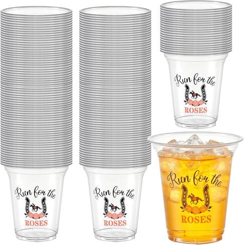 100-Pack Derby Plastic Cups, 14 oz Derby Theme Party Clear Plastic Cups, Thick Sturdy Disposable Tumbler with Horse Racing Design for Kentucky Race Party, Bars, Restaurants & Home Gatherings in Saudi Arabia
