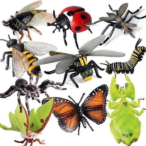 Gemini&Genius 10Pcs Bug Toys for Kids, Woodland Animals, Insect Figurines, Cicada, Ladybird, Mosquito, Bee, Dragonfly, Caterpillar, Spider, Butterfly, Phyllium, Samia Cynthia Animal Toy Gifts for Kids in Saudi Arabia