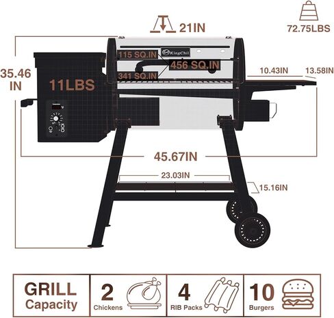 KingChii 456 SQ.IN مدخن شواء بيليه مع رف جانبي، شواية شواء 8 في 1 مع التحكم في درجة الحرارة PID للطهي في الهواء الطلق، والتخييم والشواء والفناء، بني in Kuwait