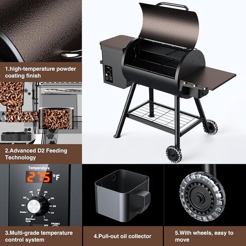KingChii 456 SQ.IN مدخن شواء بيليه مع رف جانبي، شواية شواء 8 في 1 مع التحكم في درجة الحرارة PID للطهي في الهواء الطلق، والتخييم والشواء والفناء، بني in Kuwait