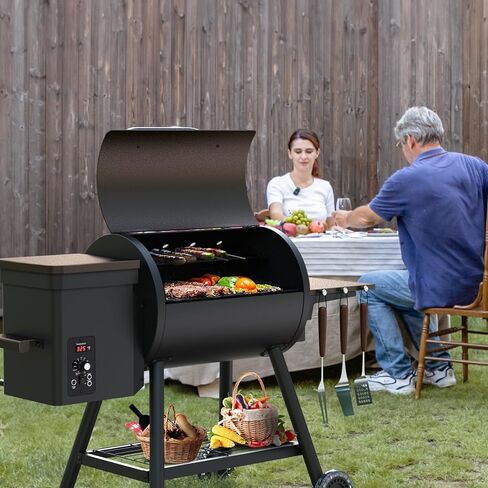 KingChii 456 SQ.IN مدخن شواء بيليه مع رف جانبي، شواية شواء 8 في 1 مع التحكم في درجة الحرارة PID للطهي في الهواء الطلق، والتخييم والشواء والفناء، بني in Kuwait