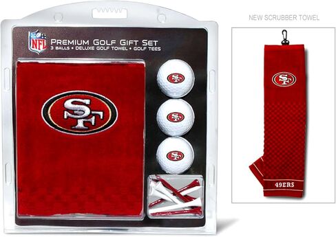 مجموعة هدايا فريق الجولف NFL San Francisco 49ers: منشفة جولف مطرزة، 3 كرات جولف، و14 تيشيرت جولف مقاس 2-3/4 بوصة، منشفة ثلاثية الطي مقاس 16 بوصة × 22 بوصة و100% قطن in Saudi Arabia