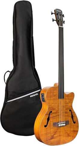 WishMade Acoustic Fretless Bass Guitar Hollow Body With F-Holes 5 String Lightweight Bass Guitar for adults, Flamed Maple Top With Gig Bag（BK FL） in Kuwait