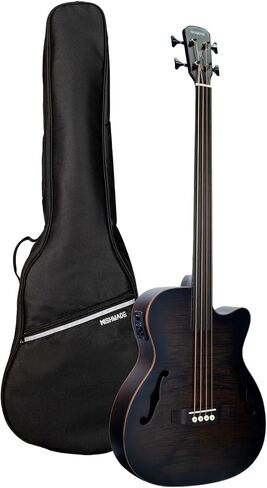 WishMade Acoustic Fretless Bass Guitar جسم مجوف مع فتحات F 5 سلسلة جيتار باس خفيف الوزن للبالغين، قمة خشب القيقب ملتهب مع حقيبة أزعج (BK FL) in Kuwait