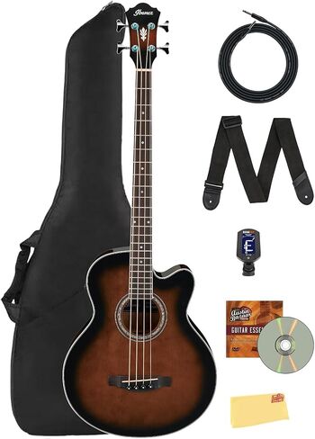 Ibanez AEB10E Acoustic-Electric Bass Guitar - Dark Violin Sunburst Bundle with Gig Bag, Tuner, Strap, Instrument Cable, Austin Bazaar Instructional DVD, and Polishing Cloth in Kuwait