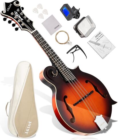AKLOT F-Style Acoustic Mandolin Instrument: Hand-Carved Classic Scroll Headstock, Spruce Top with Malayan Kauri Back & Sides, Natural Bone Nut, Deluxe Mandolin Bundle with Padded Bag, Tuner (RV-FSG) in Kuwait