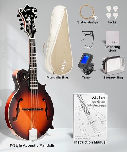AKLOT F-Style Acoustic Mandolin Instrument: Hand-Carved Classic Scroll Headstock, Spruce Top with Malayan Kauri Back & Sides, Natural Bone Nut, Deluxe Mandolin Bundle with Padded Bag, Tuner (RV-FSG) in Kuwait